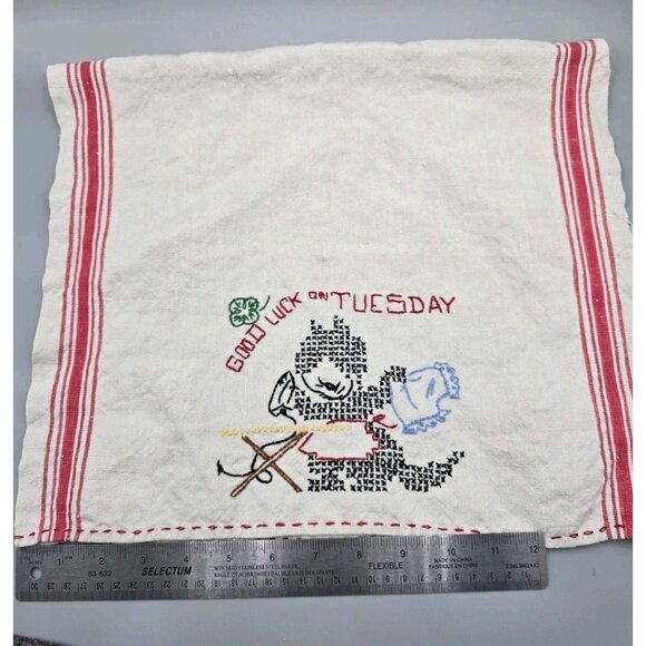 VTG Hand Embroidered Cross Stitch Kitchen Good Luck Linen Dish‎ Towel Black Cat - Picture 6 of 7